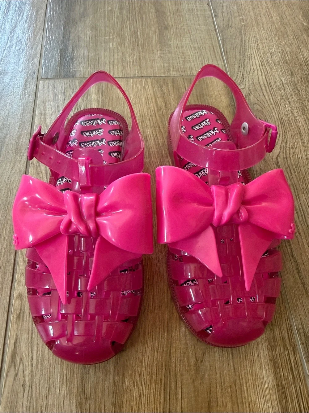 Mini Melissa Barbie Girls Bright Pink Bow Jelly Sandals with Adjustable Strap
